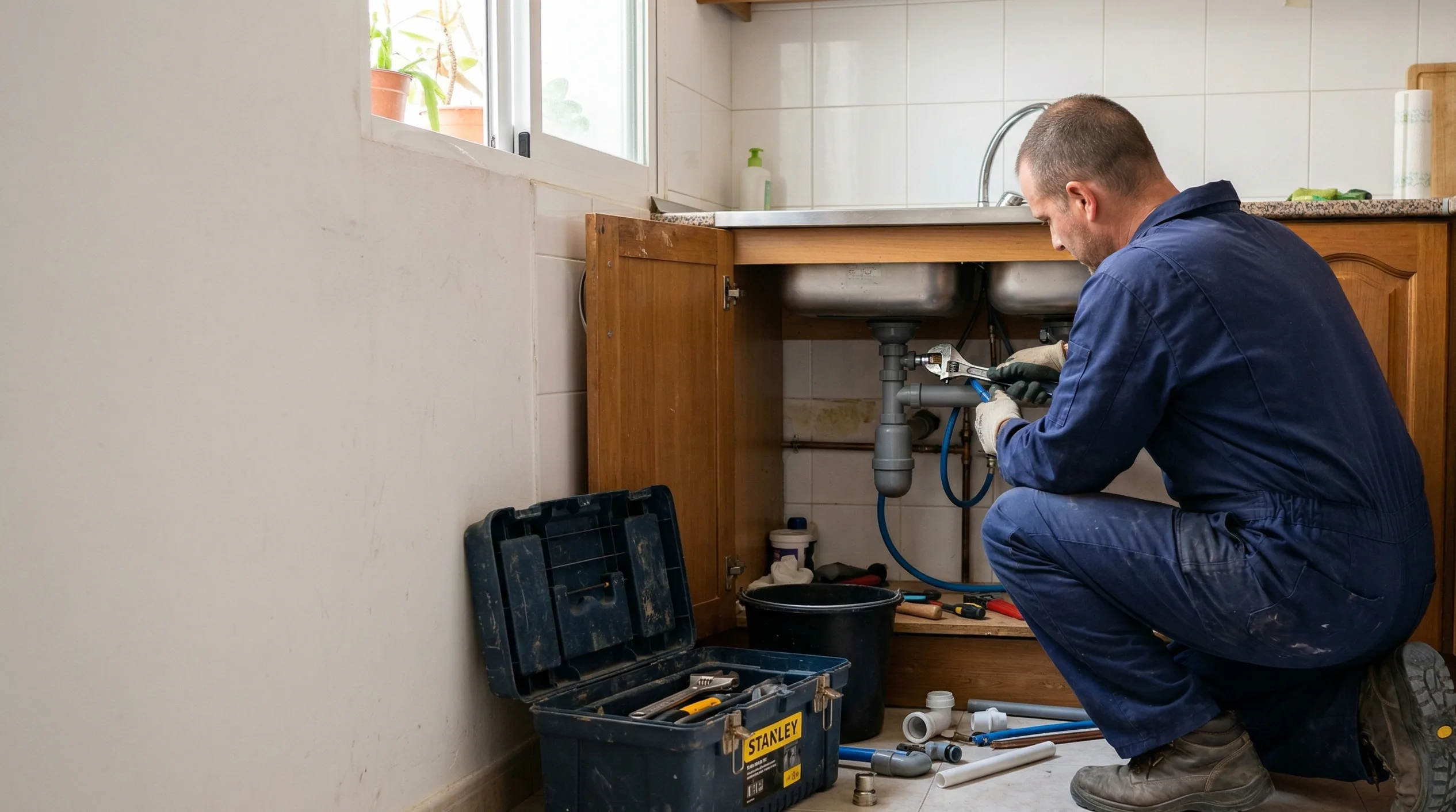 Fontanero trabajando bajo el fregadero de cocina en Albacete